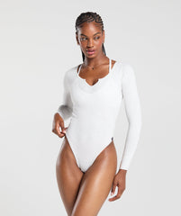 Ribbed Cotton Long Sleeve Bodysuit - White Marl