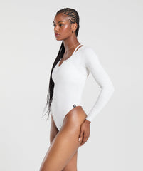 Ribbed Cotton Long Sleeve Bodysuit - White Marl