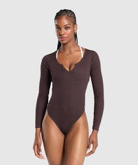 Ribbed Cotton Long Sleeve Bodysuit - Brown Marl