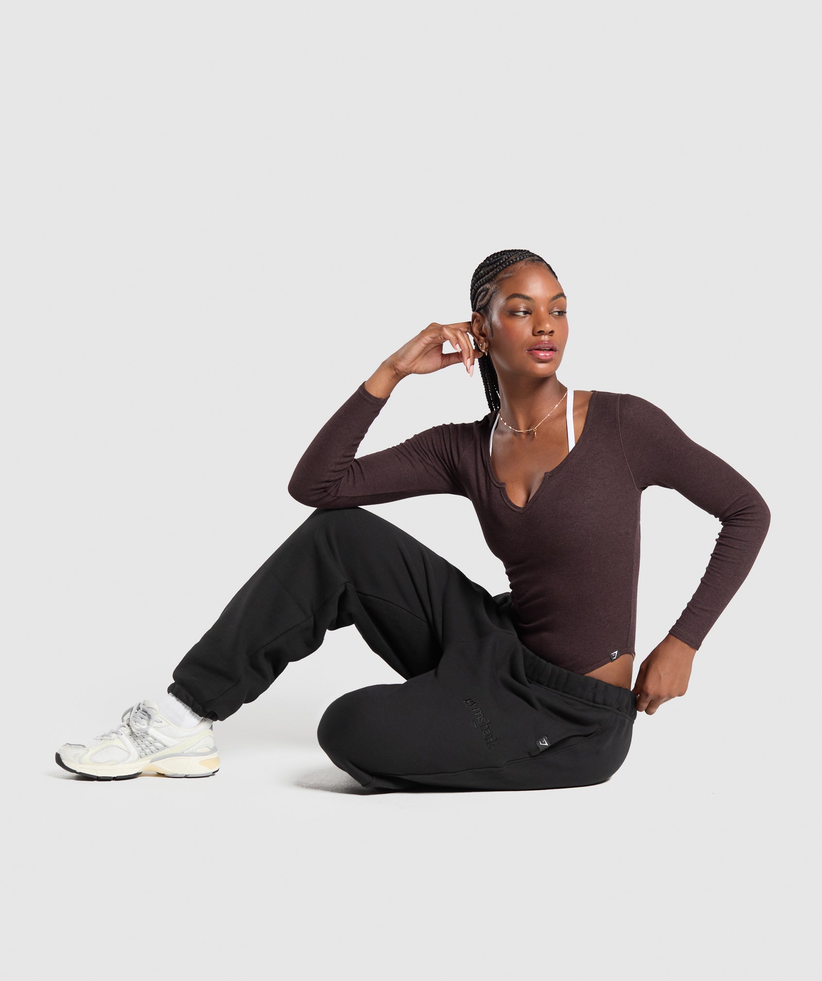 Ribbed Cotton Long Sleeve Bodysuit - Brown Marl