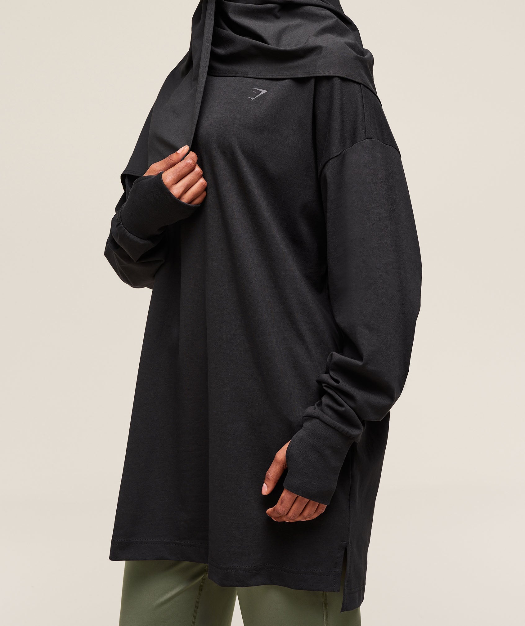 Covered Longline Cotton Long Sleeve Top - Black