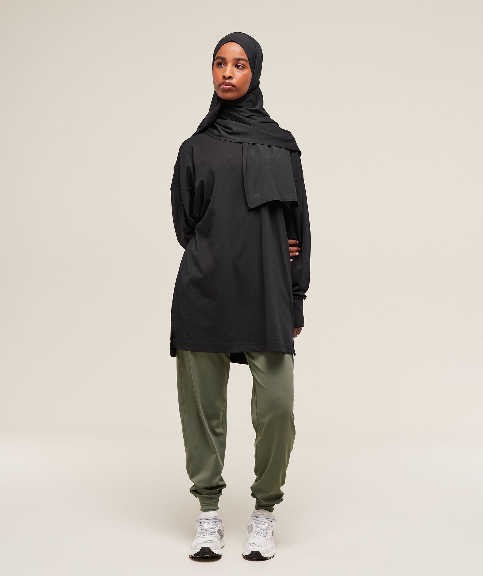 Covered Longline Cotton Long Sleeve Top - Black
