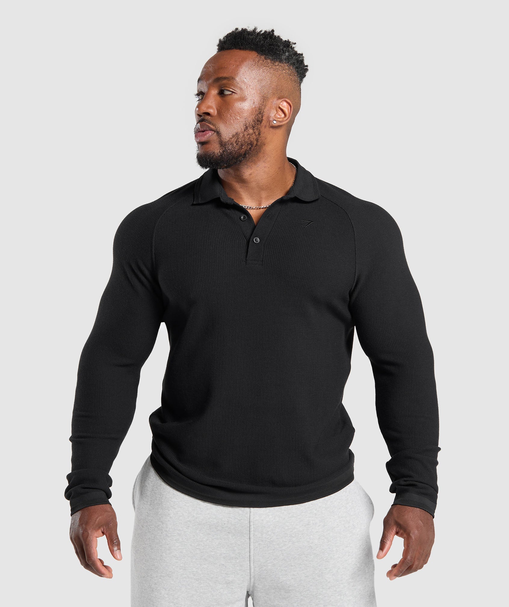 Long Sleeve Waffle Polo Shirt - Black