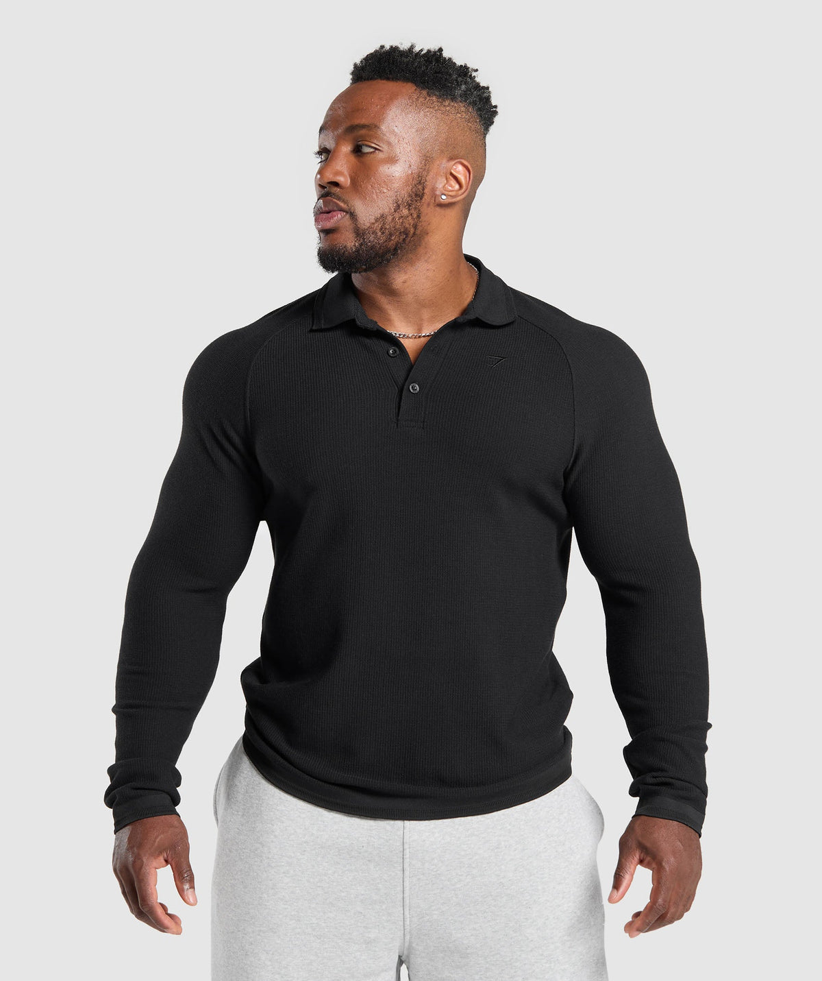 Long Sleeve Waffle Polo Shirt - Black
