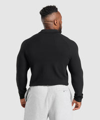 Long Sleeve Waffle Polo Shirt - Black