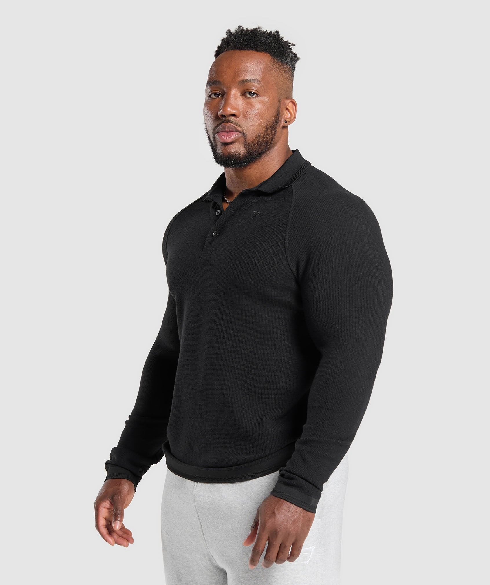 Long Sleeve Waffle Polo Shirt - Black