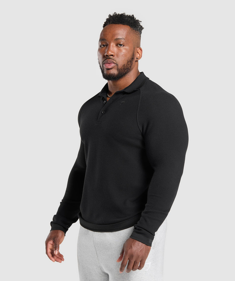 Long Sleeve Waffle Polo Shirt - Black