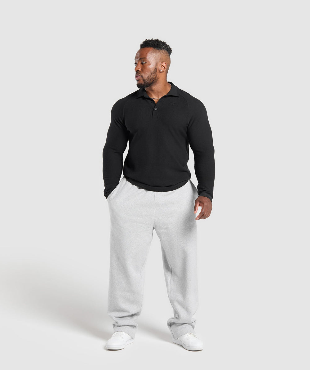 Long Sleeve Waffle Polo Shirt - Black