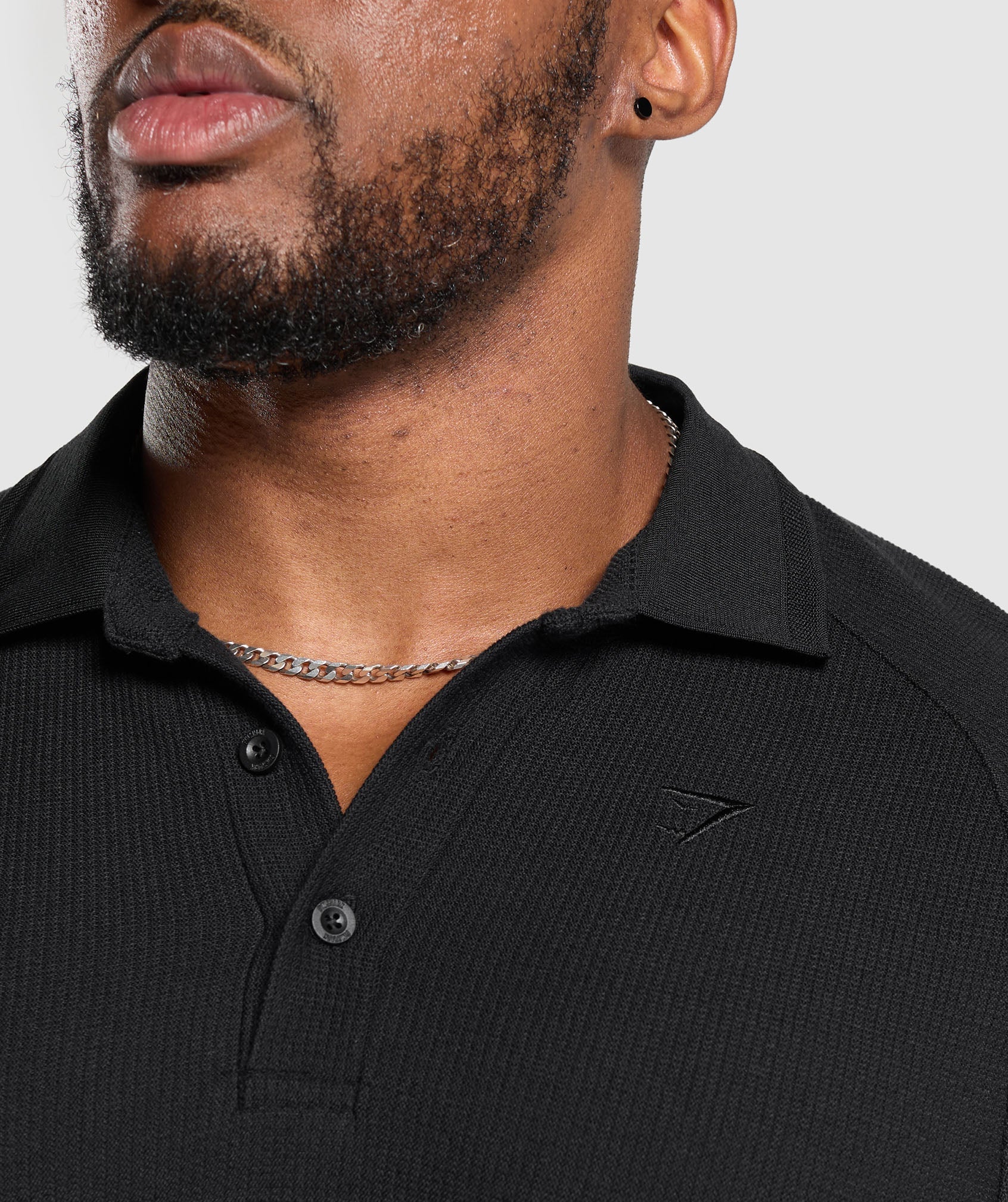 Long Sleeve Waffle Polo Shirt - Black