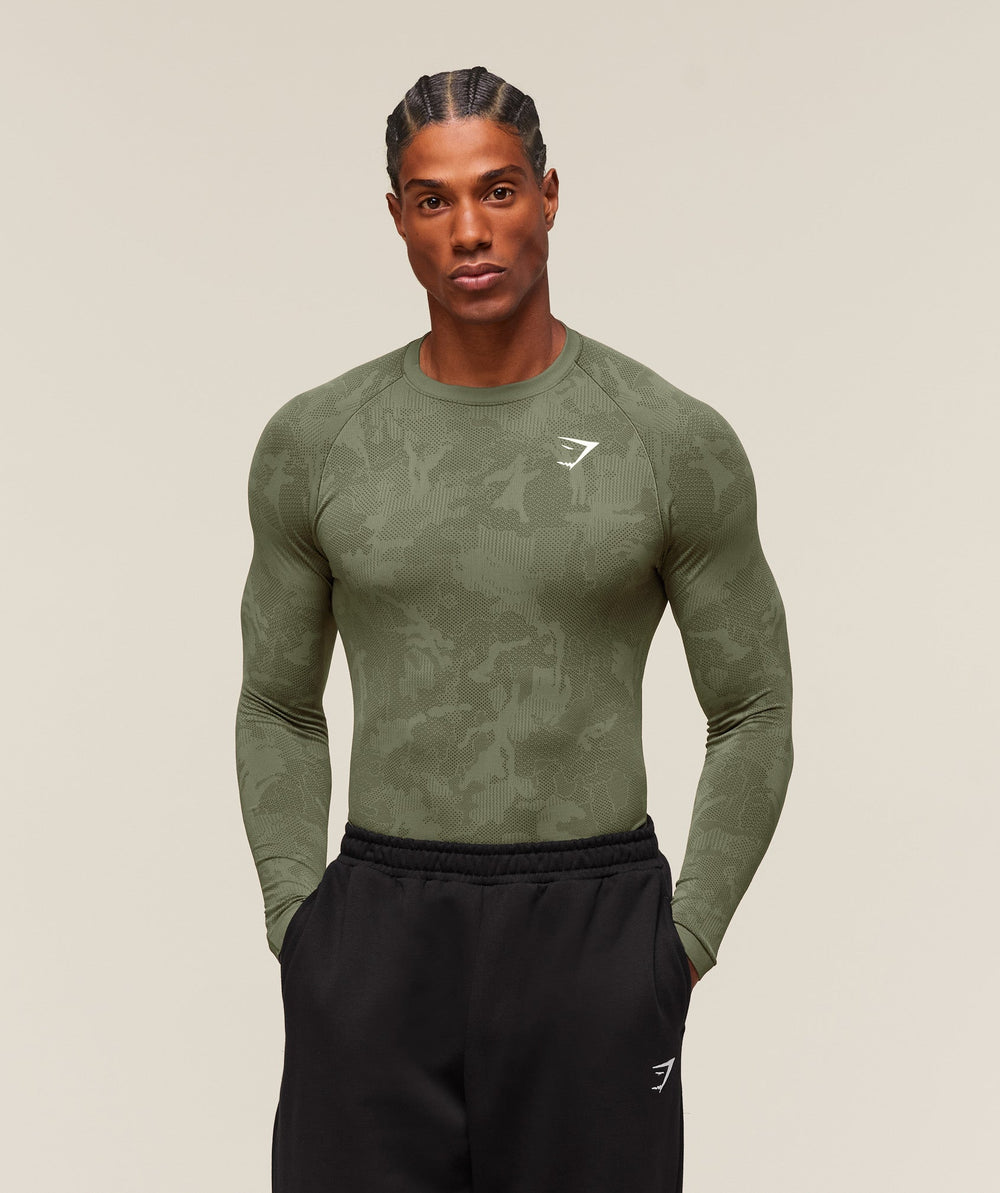 Geo Seamless Long Sleeve T-Shirt - Core Olive/Deep Olive Green