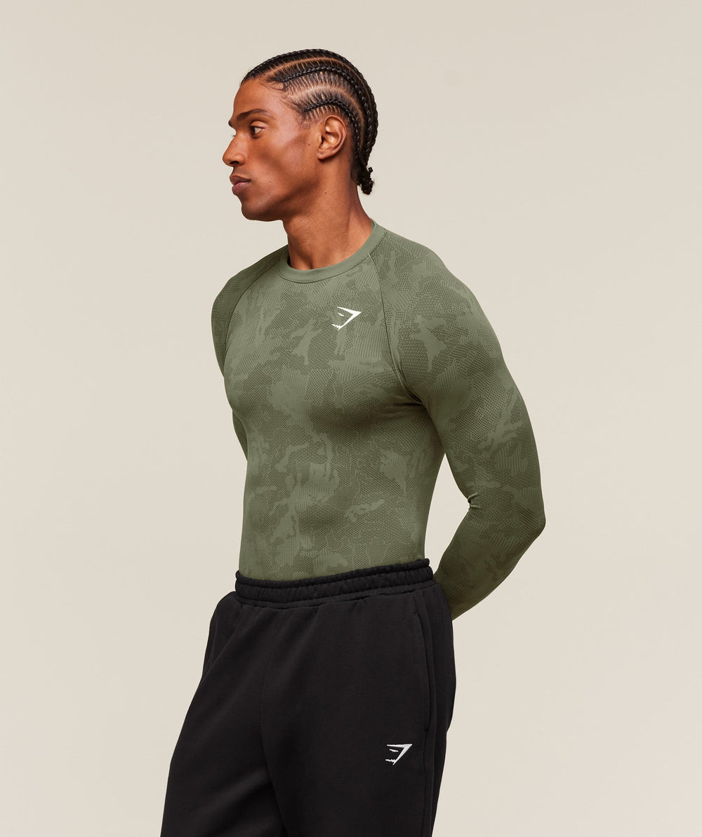 Geo Seamless Long Sleeve T-Shirt - Core Olive/Deep Olive Green