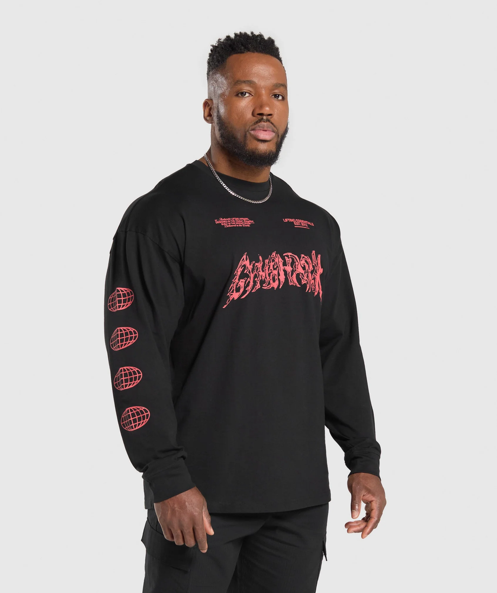 Metal Lifting Graphic Long Sleeve T-Shirt - Black