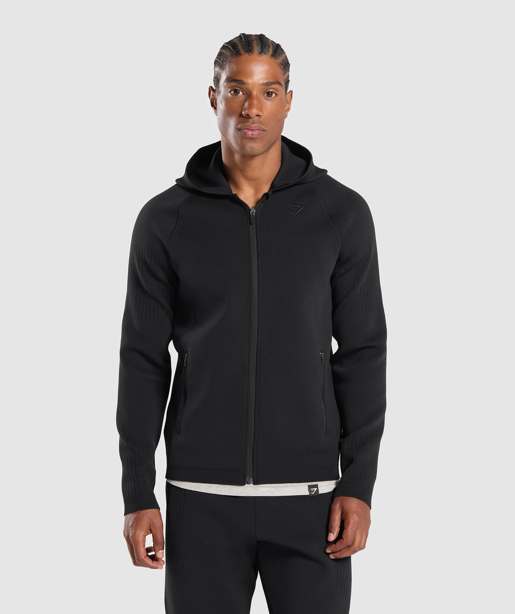 Flat Knit Zip Up Hoodie - Black