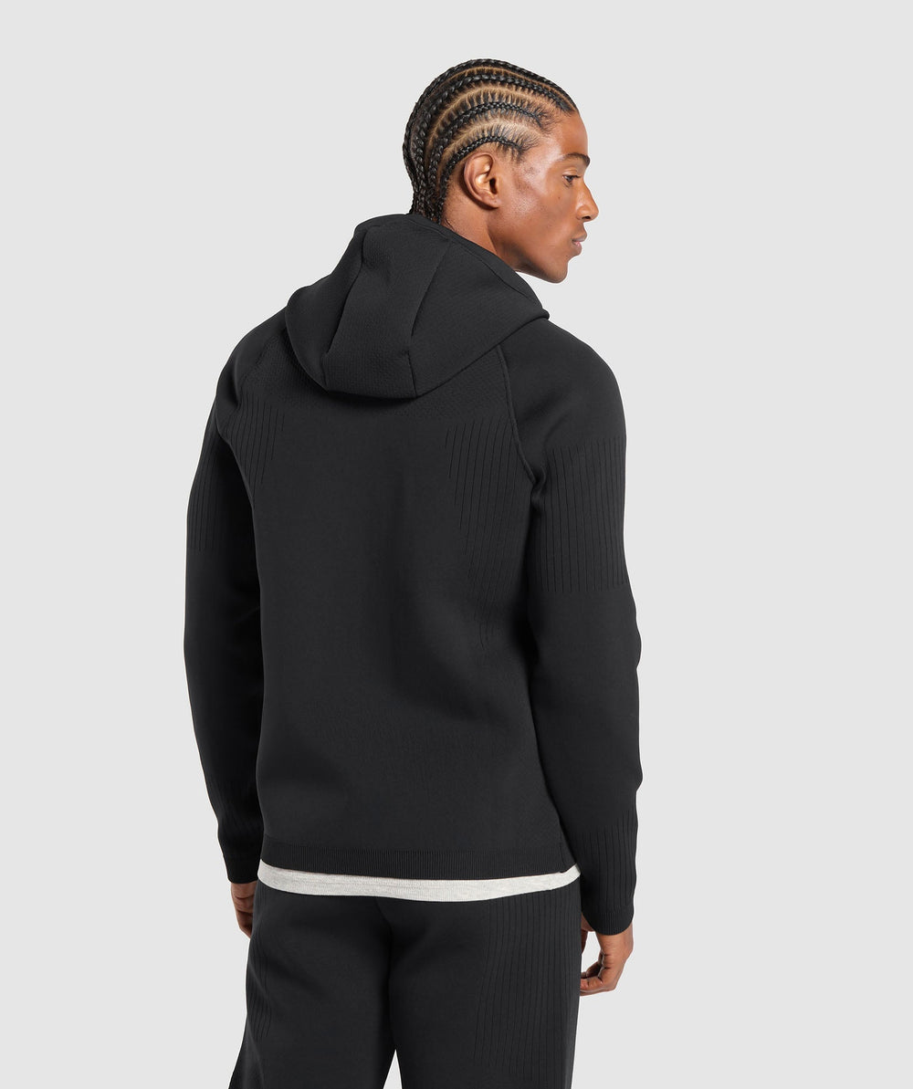 Flat Knit Zip Up Hoodie - Black