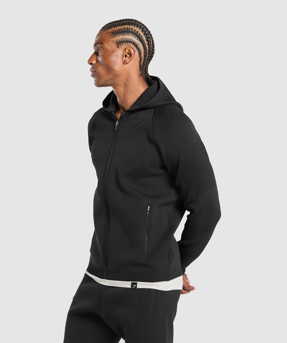 Flat Knit Zip Up Hoodie - Black