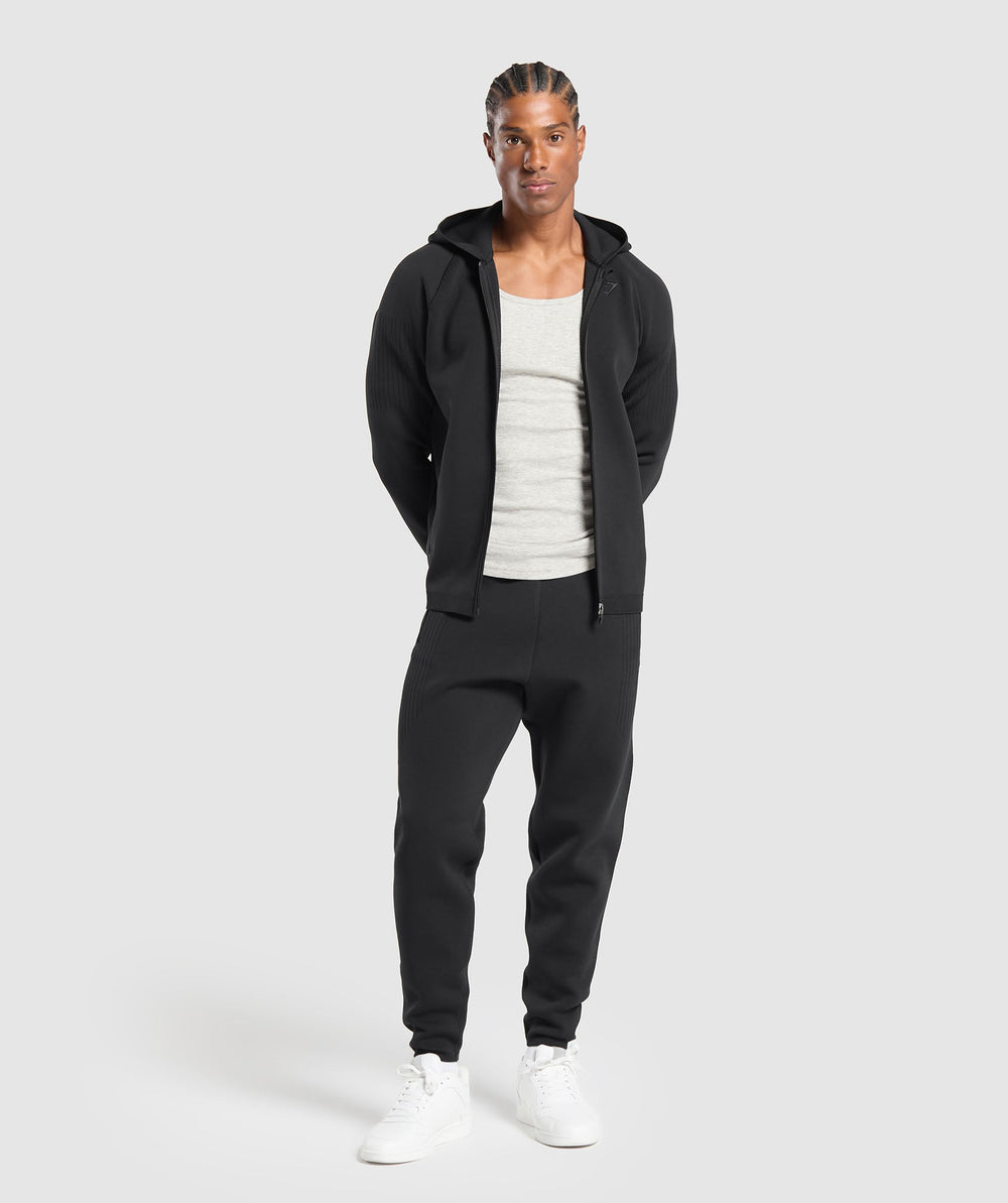 Flat Knit Zip Up Hoodie - Black