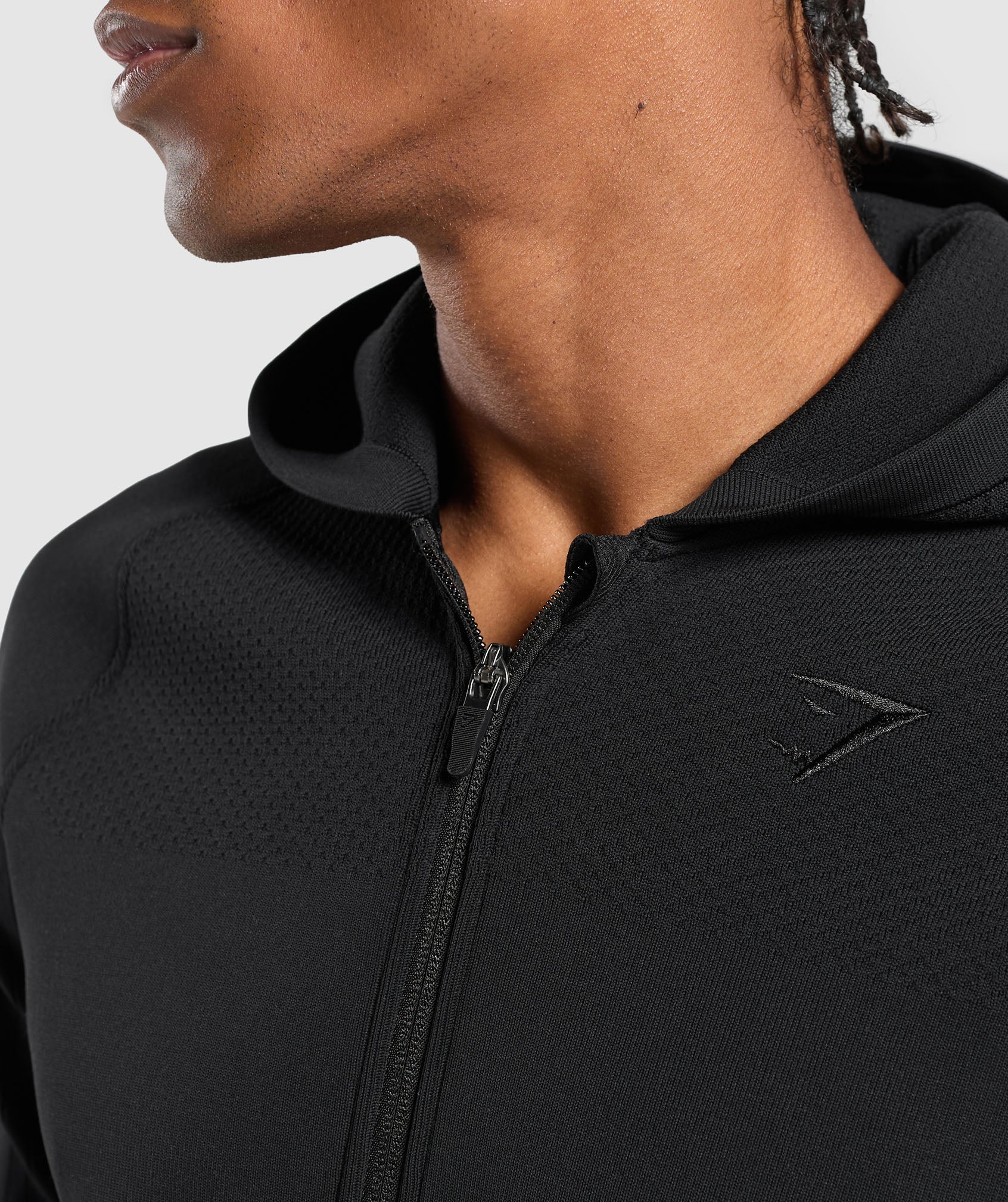 Flat Knit Zip Up Hoodie - Black