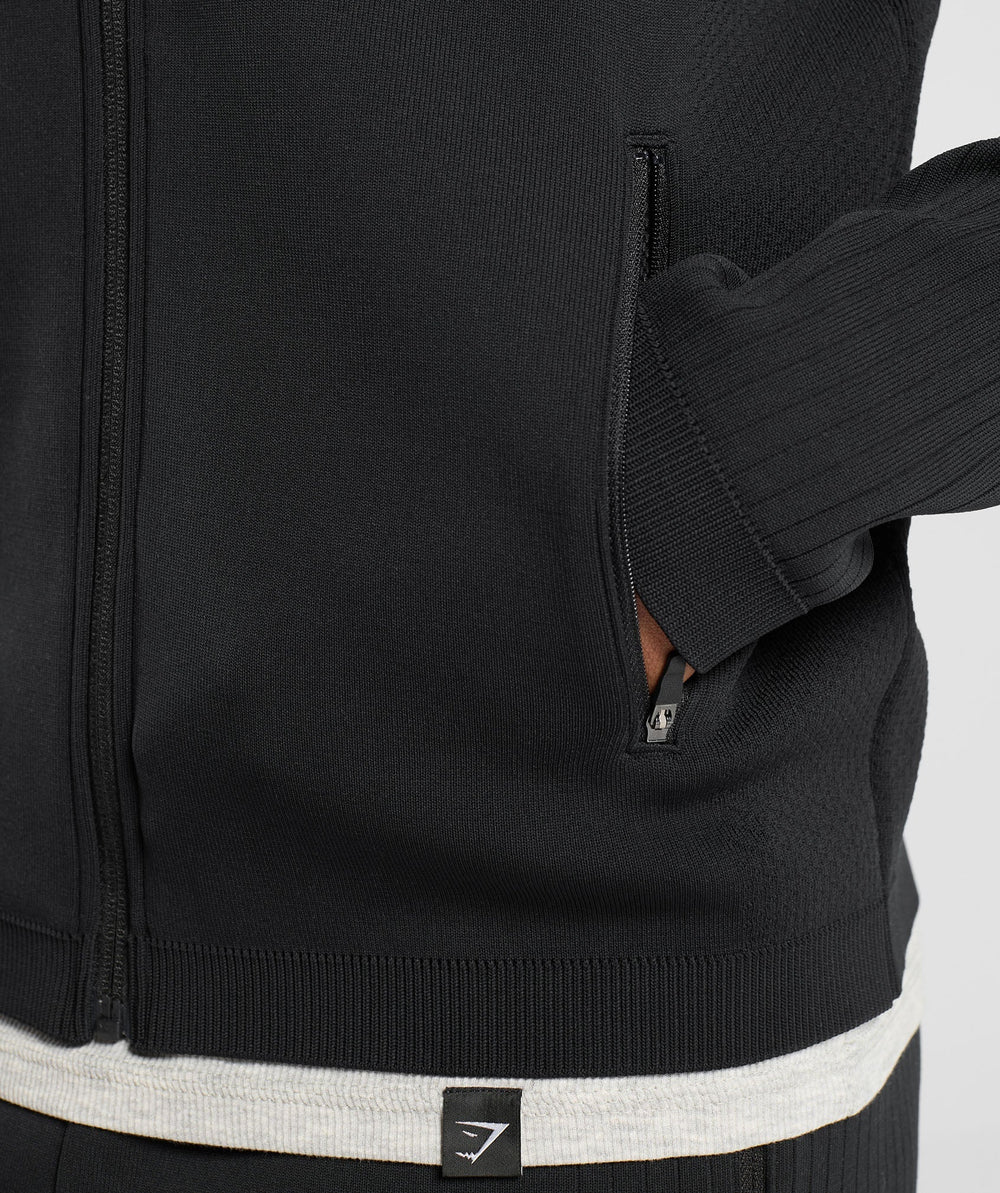 Flat Knit Zip Up Hoodie - Black
