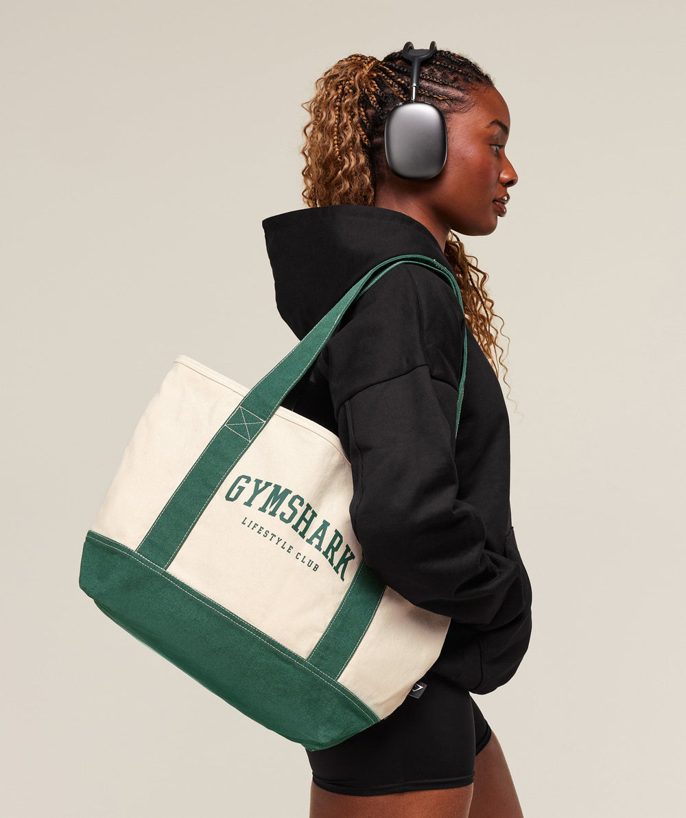 Collegiate Oversized Tote - Oat White/Classic Green
