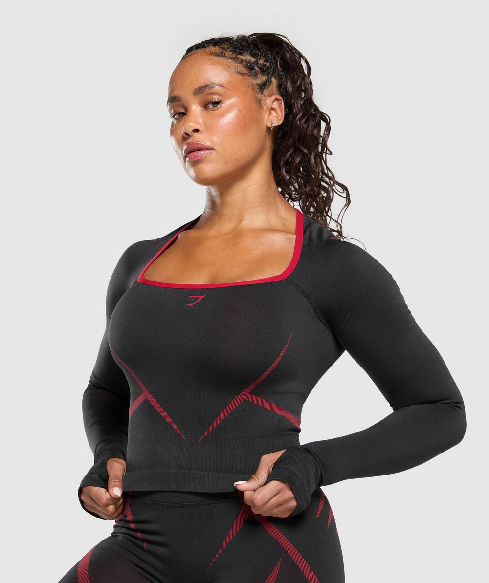 Apex Lift Seamless Long Sleeve Crop Top - Black/Carmine Red