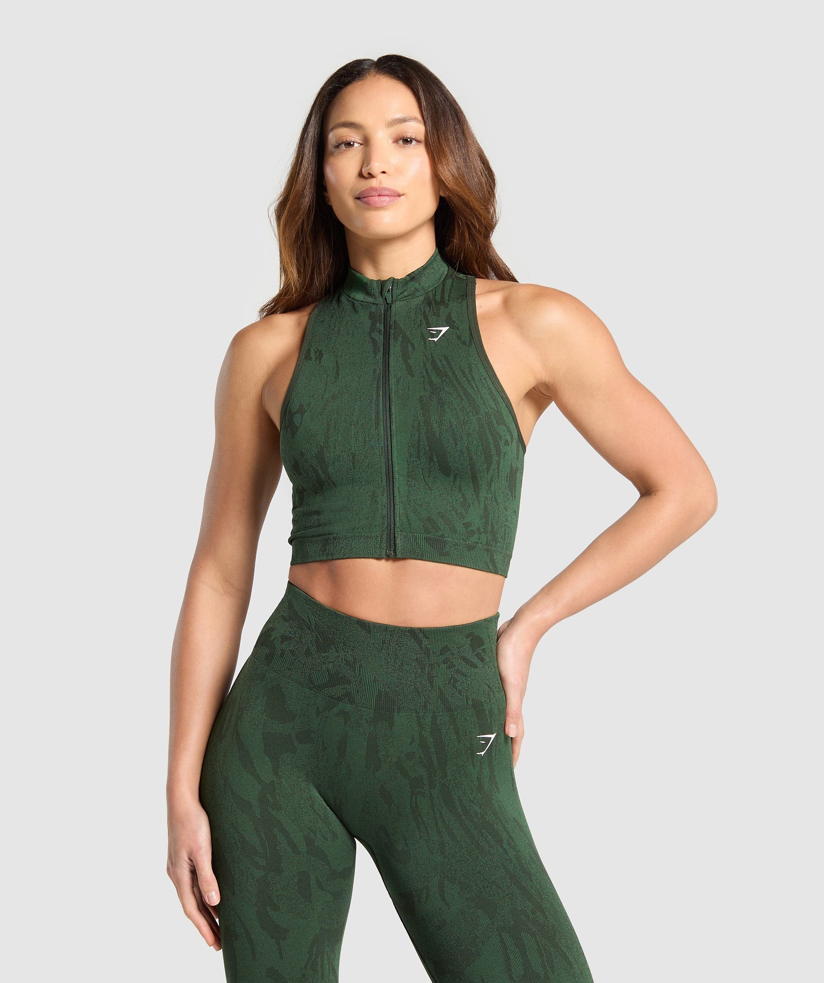 Adapt Camo Seamless Zip Up Crop Top - Trail Green/Classic Green