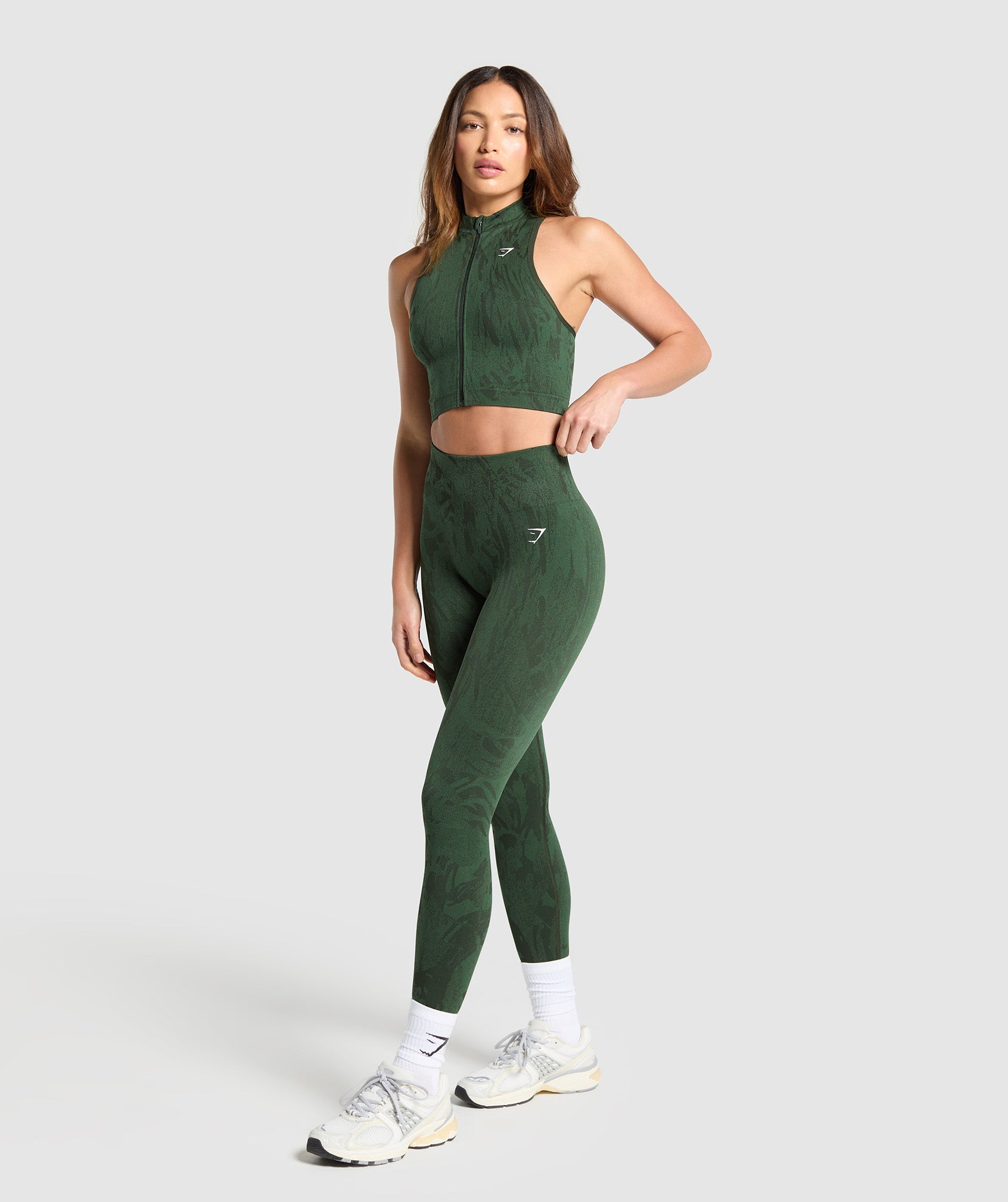 Adapt Camo Seamless Zip Up Crop Top - Trail Green/Classic Green