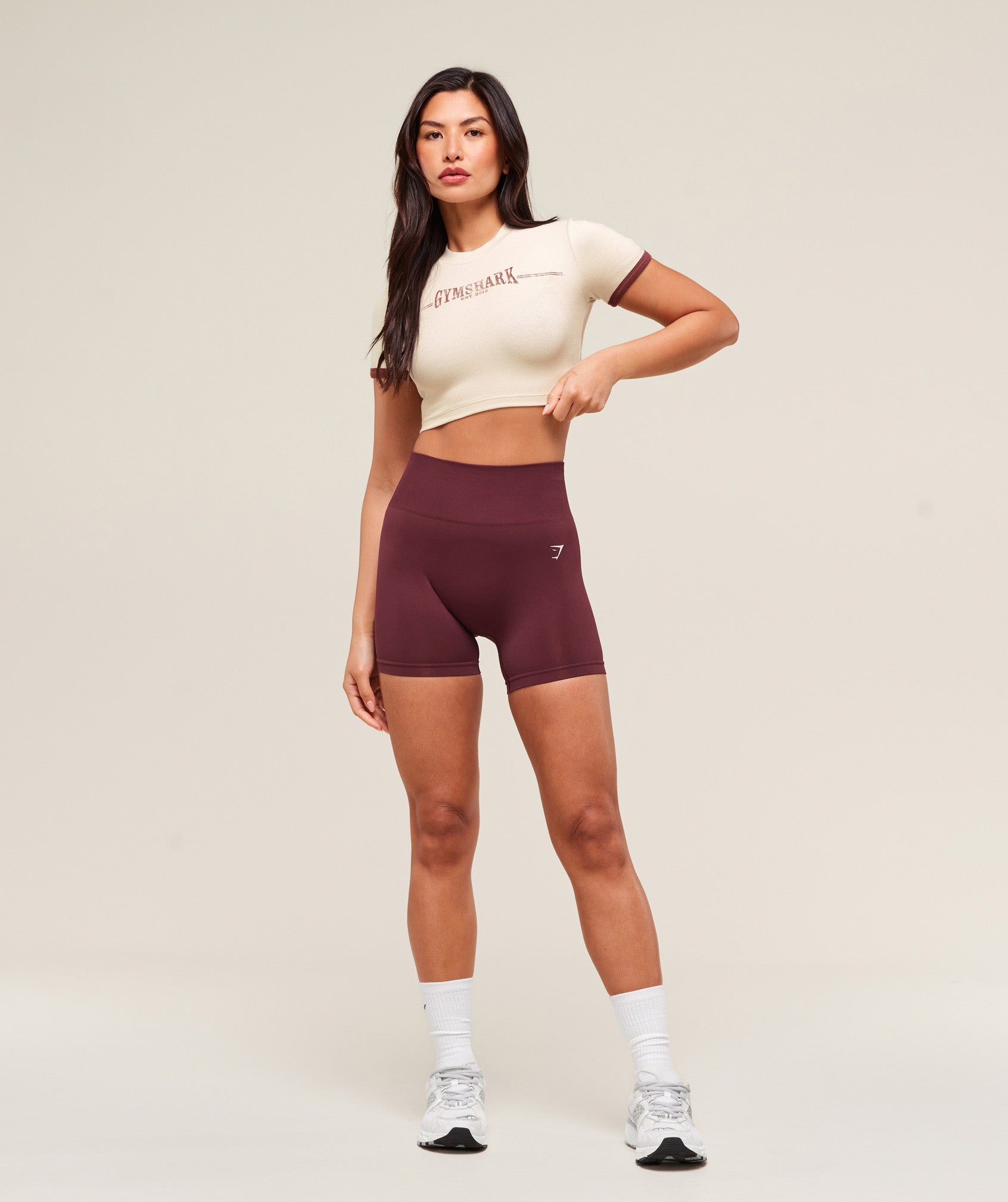 Ribbed Cotton Crop Top - Oat White/Burgundy Brown