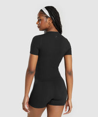 Ribbed Cotton Seamless T-Shirt - Black
