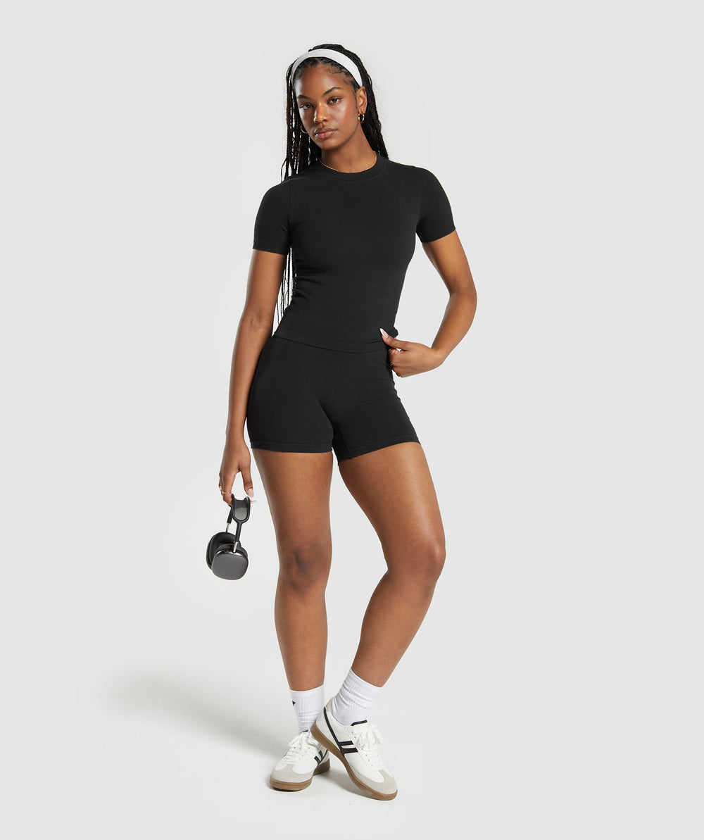 Ribbed Cotton Seamless T-Shirt - Black