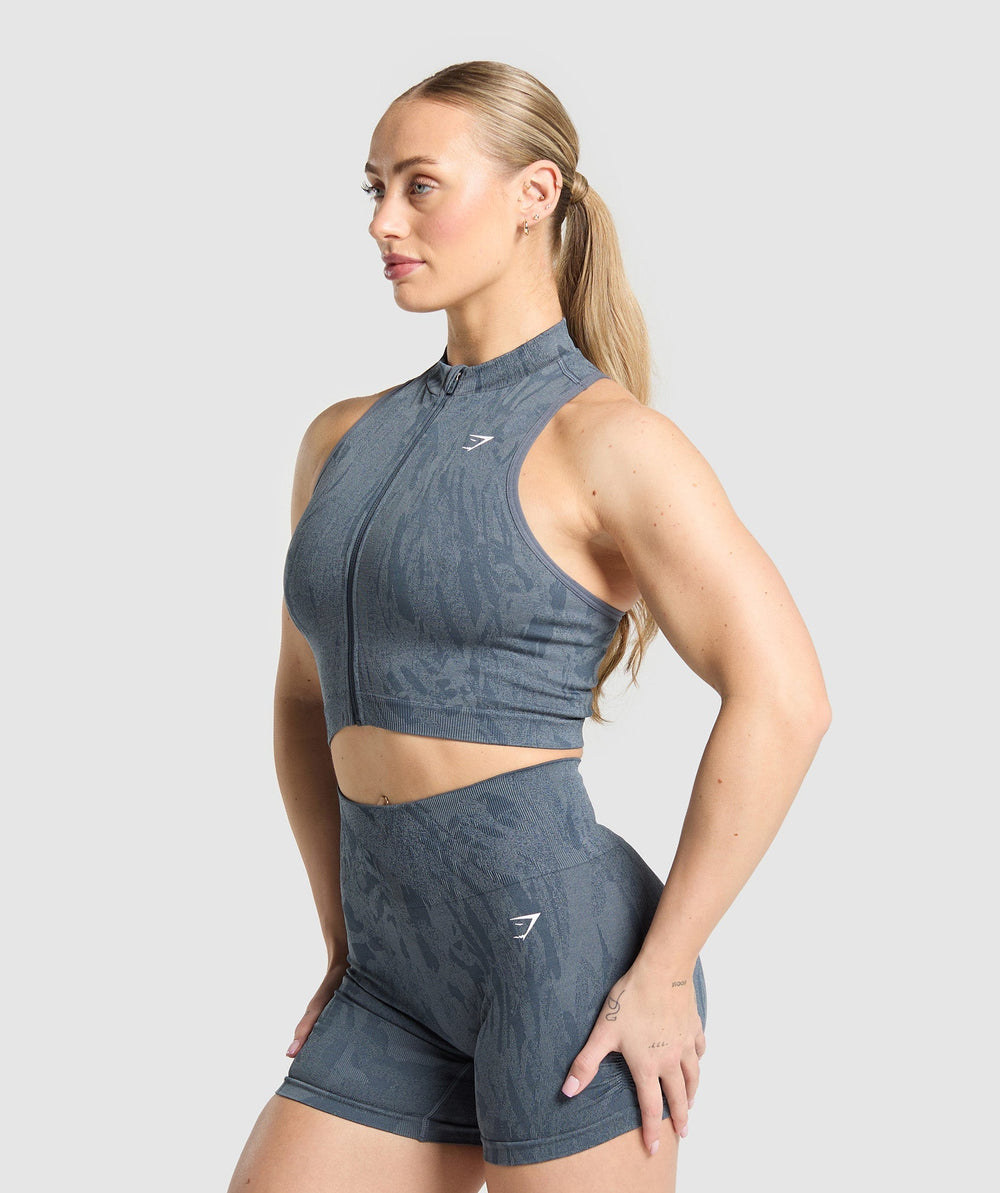 Adapt Camo Seamless Zip Up Crop Top - Titanium Blue/Denim Grey