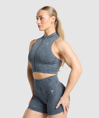 Adapt Camo Seamless Zip Up Crop Top - Titanium Blue/Denim Grey