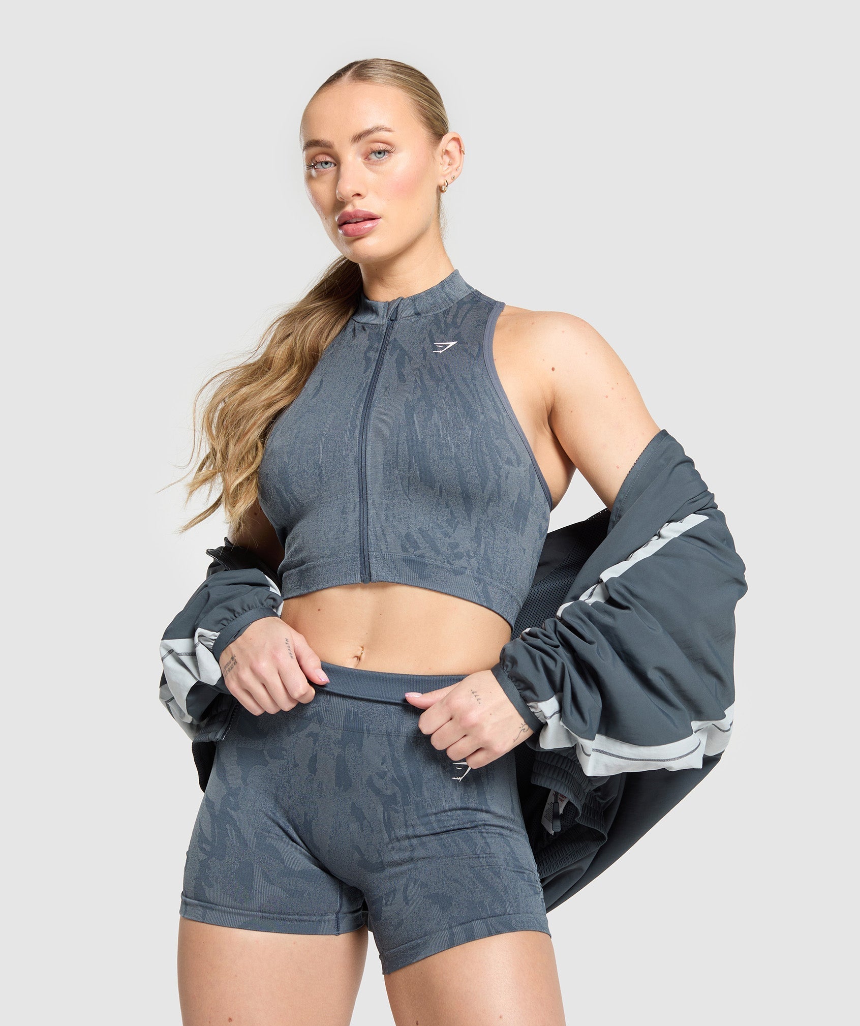 Adapt Camo Seamless Zip Up Crop Top - Titanium Blue/Denim Grey