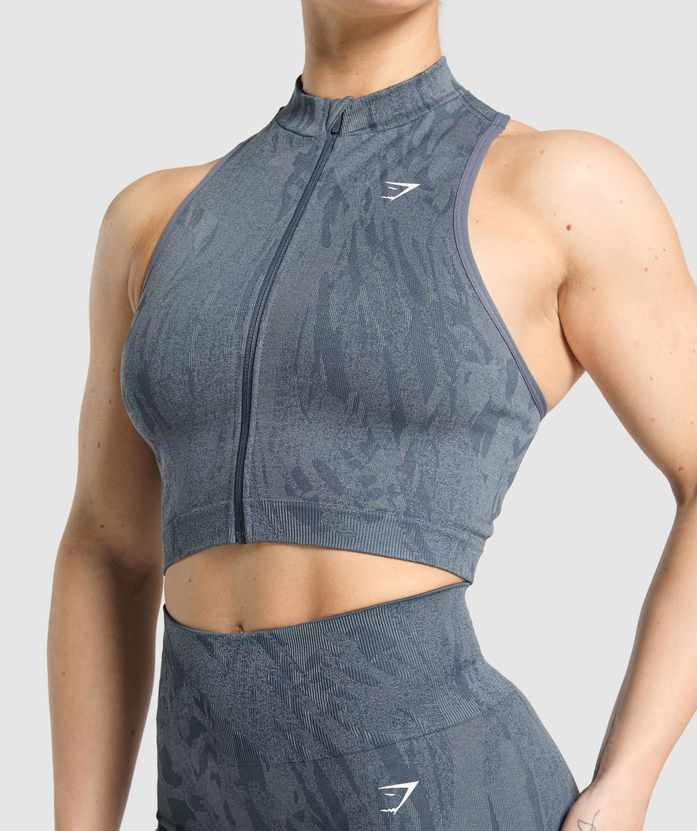 Adapt Camo Seamless Zip Up Crop Top - Titanium Blue/Denim Grey