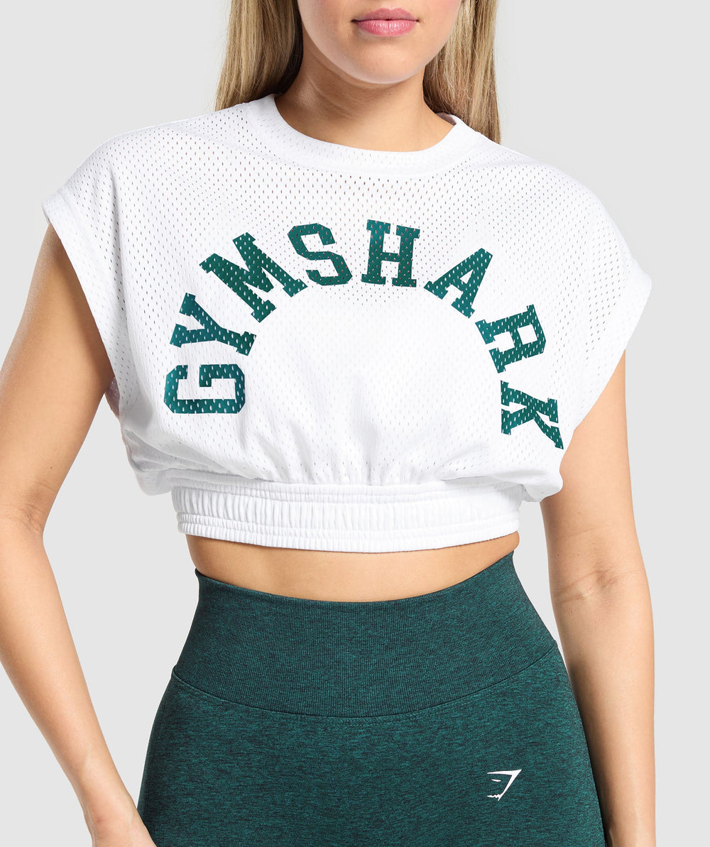 Mesh Graphic Crop Top - White
