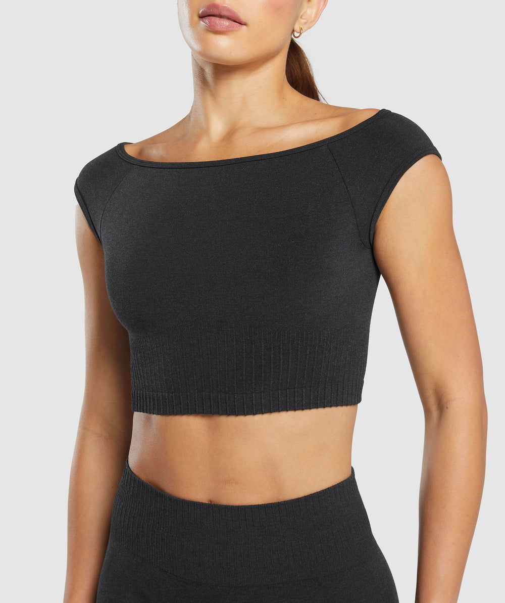 Luxe Seamless Boat Neck Crop Top - Coal Marl