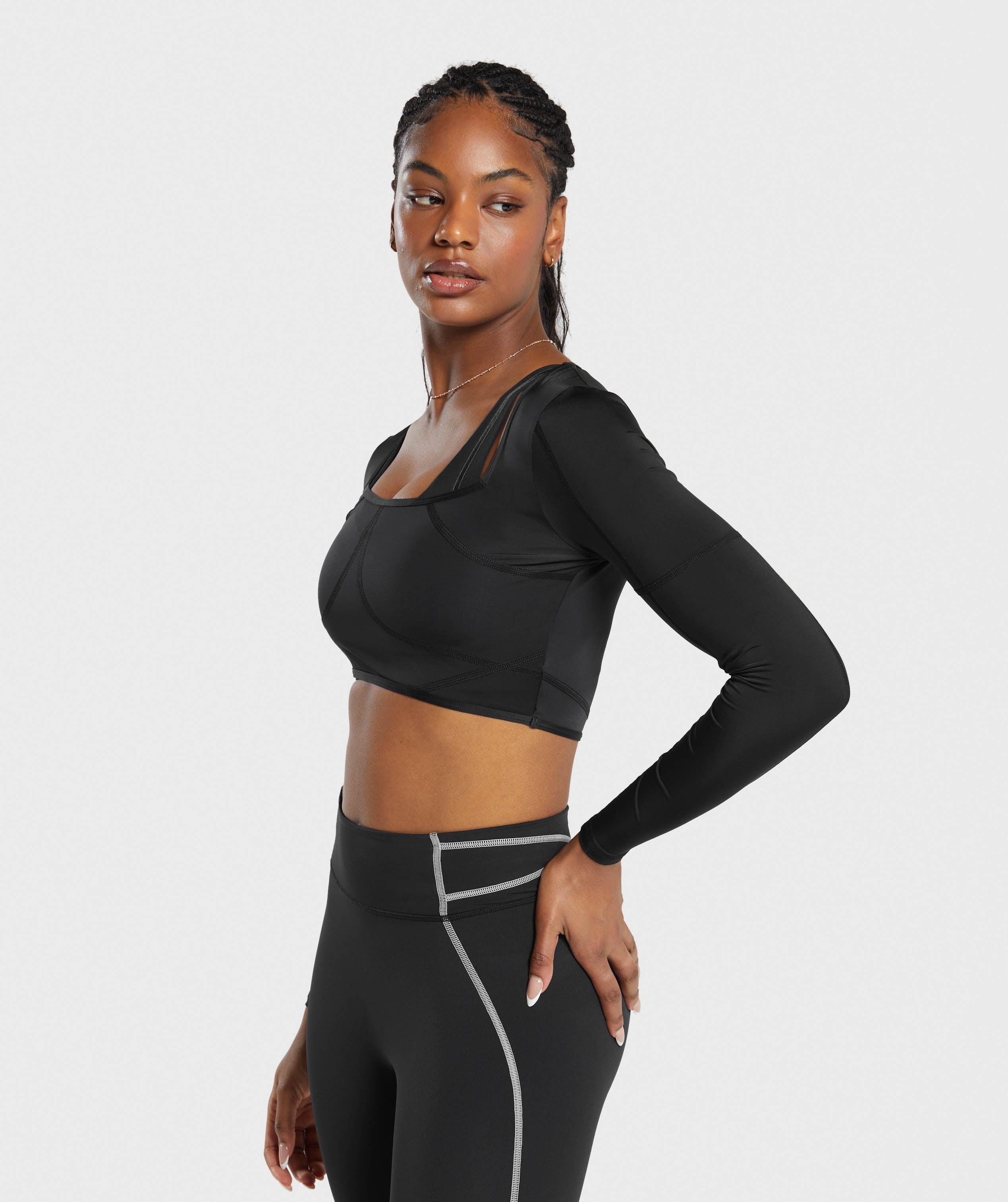 Stitch Feature Long Sleeve Crop Top - Black/Stock Black Marl