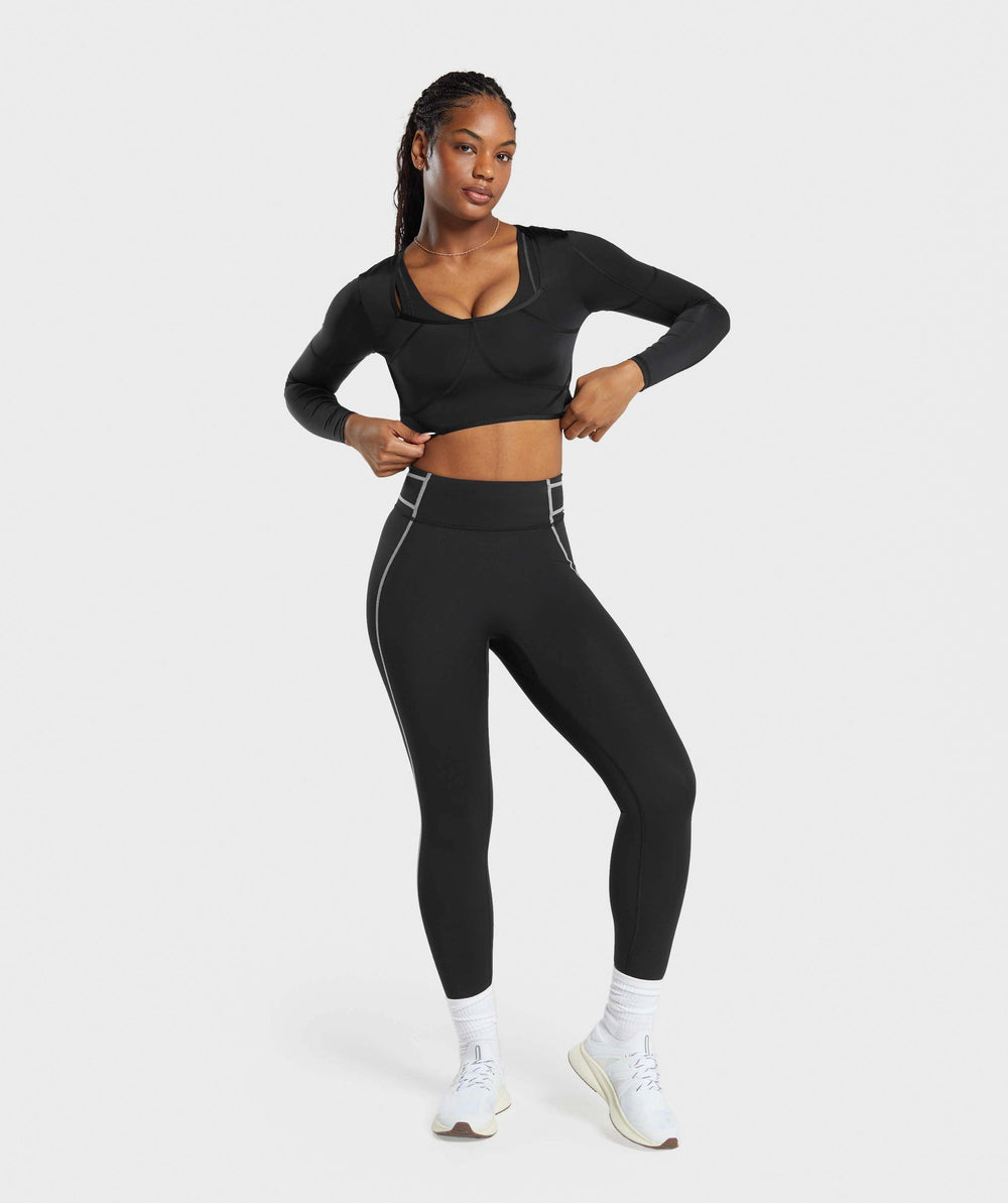 Stitch Feature Long Sleeve Crop Top - Black/Stock Black Marl