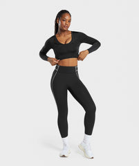 Stitch Feature Long Sleeve Crop Top - Black/Stock Black Marl