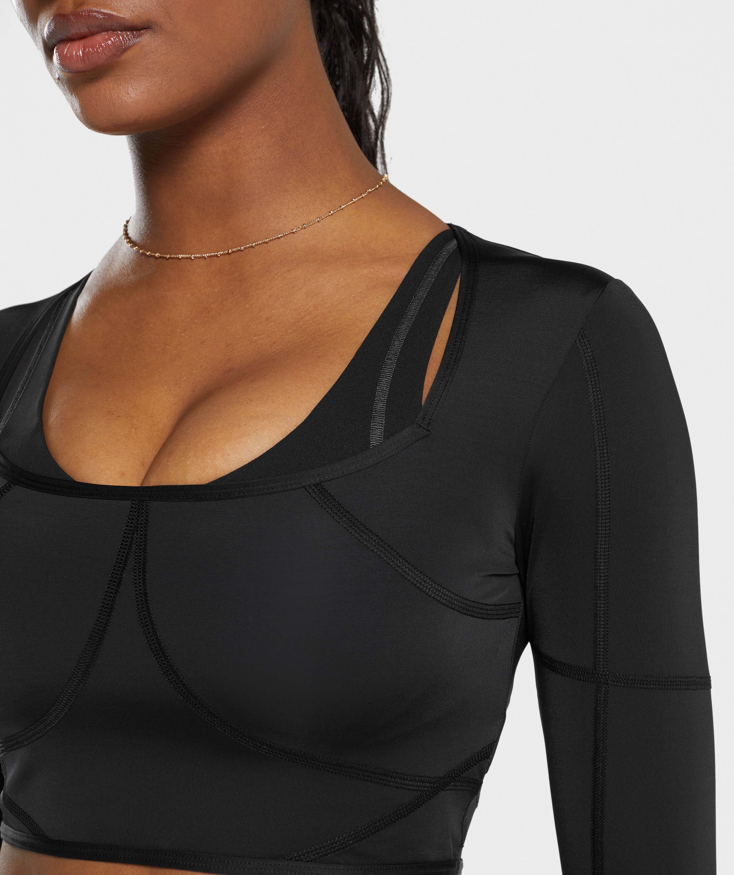 Stitch Feature Long Sleeve Crop Top - Black/Stock Black Marl