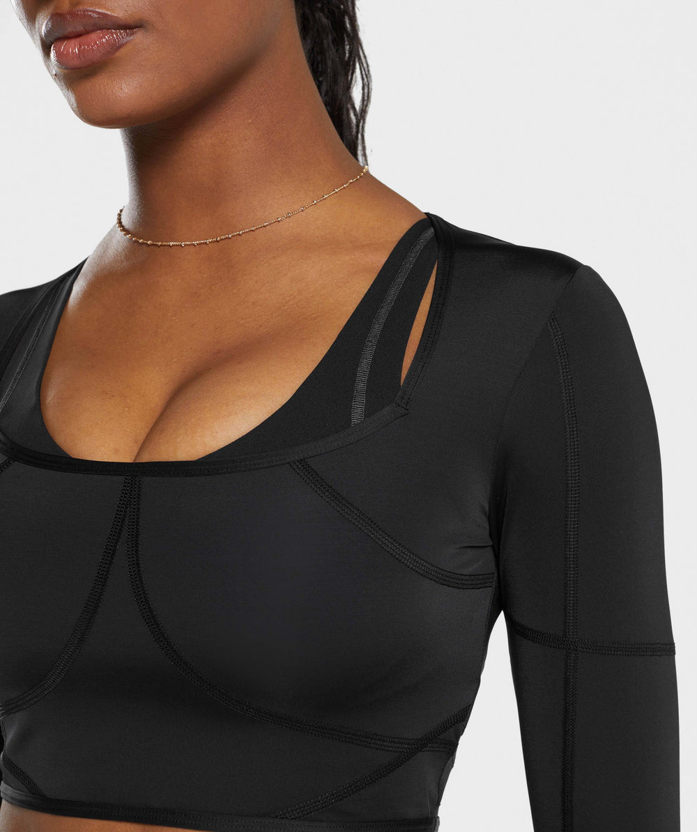 Stitch Feature Long Sleeve Crop Top - Black/Stock Black Marl