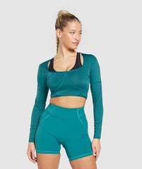 Stitch Feature Long Sleeve Crop Top - Ocean Teal
