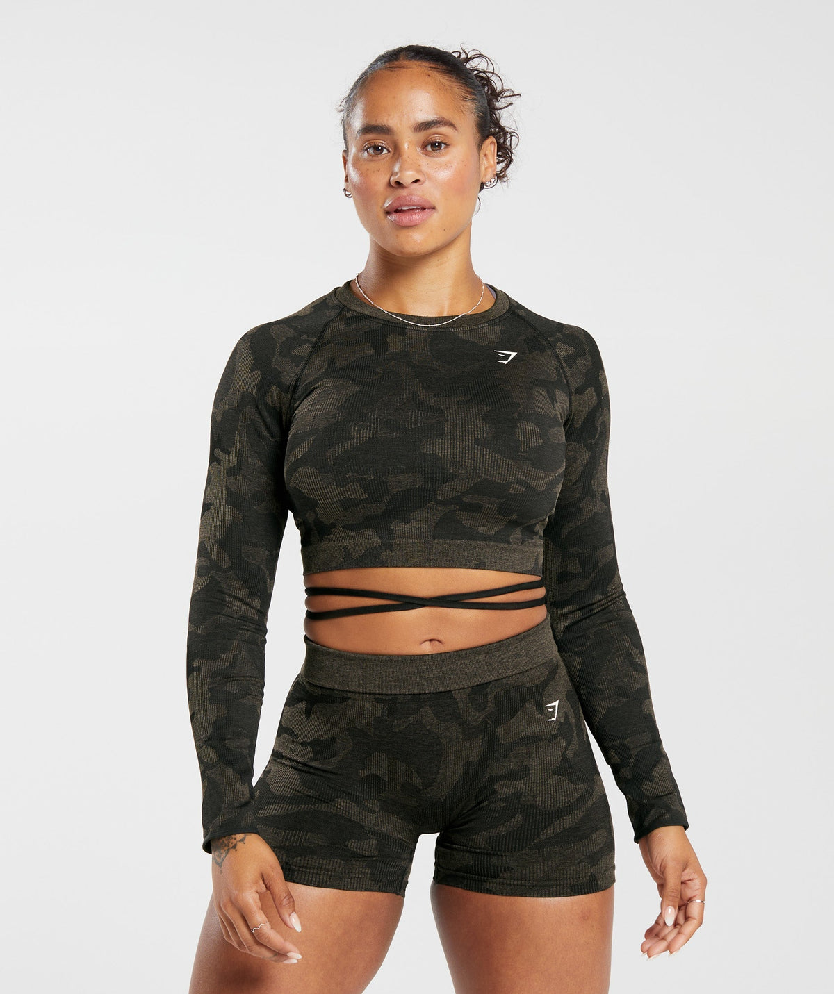 Adapt Camo Seamless Ribbed Long Sleeve Crop Top - Black/Camo Brown