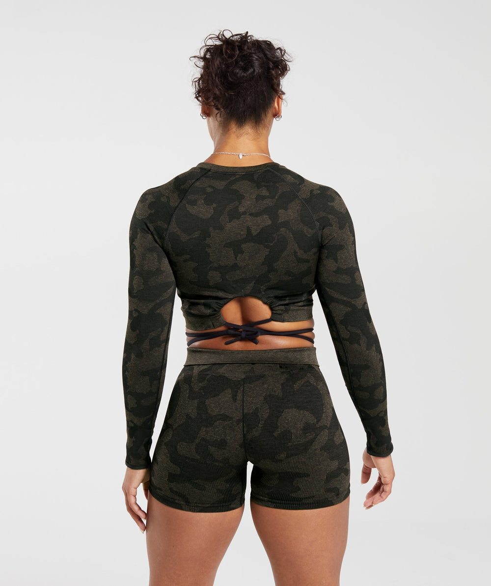 Adapt Camo Seamless Ribbed Long Sleeve Crop Top - Black/Camo Brown