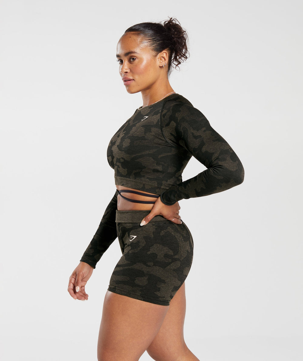 Adapt Camo Seamless Ribbed Long Sleeve Crop Top - Black/Camo Brown