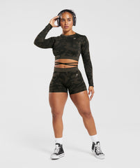 Adapt Camo Seamless Ribbed Long Sleeve Crop Top - Black/Camo Brown