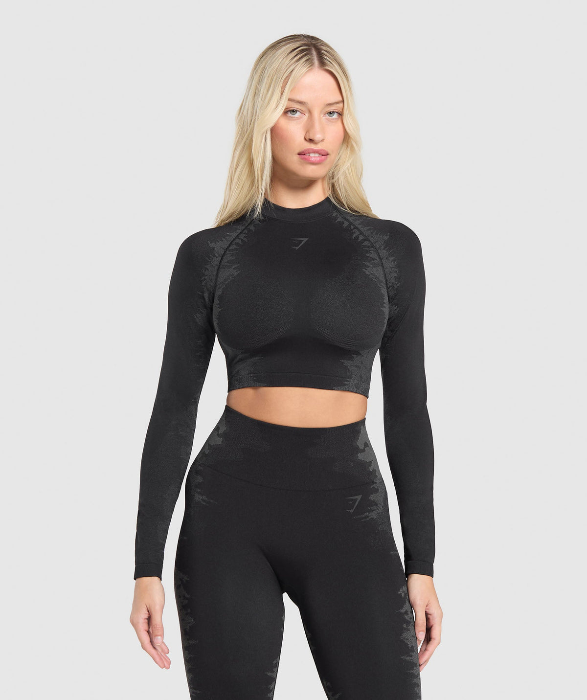 Caged Seamless Long Sleeve Crop Top - Black/Graphite Grey