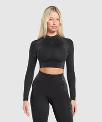 Caged Seamless Long Sleeve Crop Top - Black/Graphite Grey