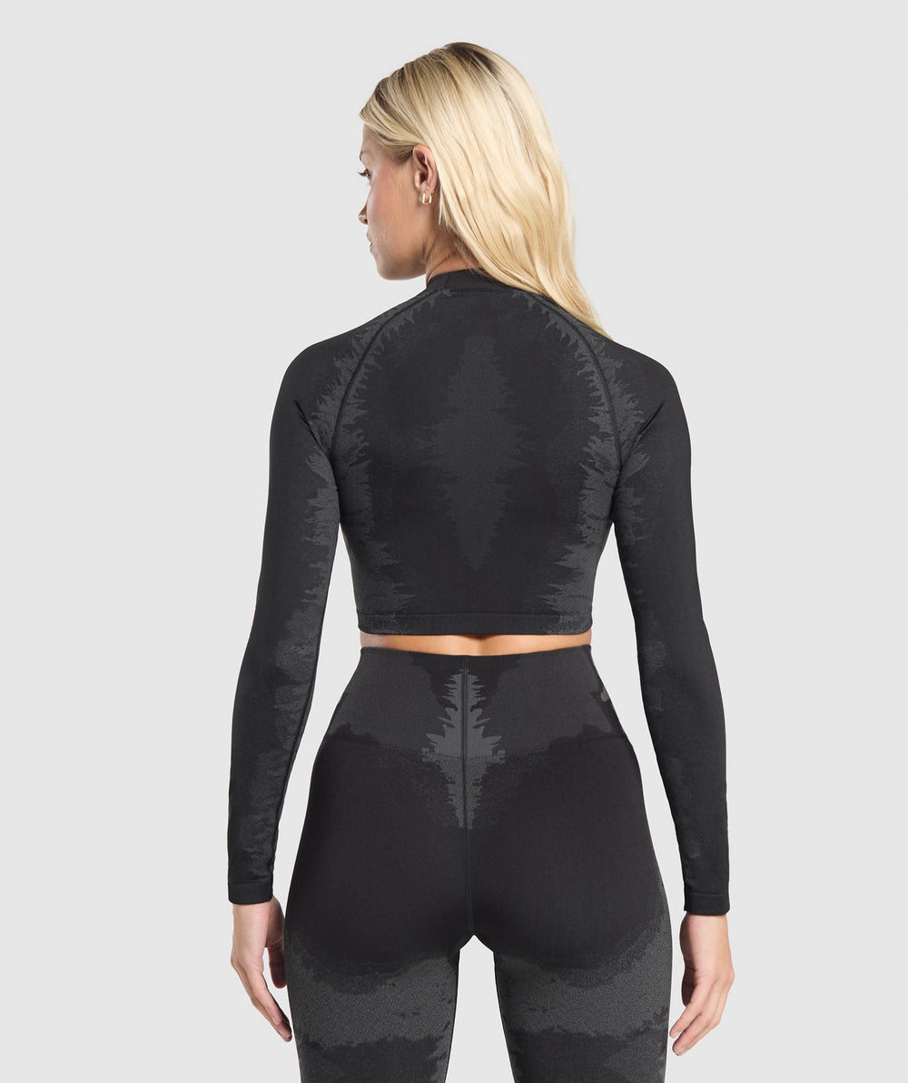 Caged Seamless Long Sleeve Crop Top - Black/Graphite Grey