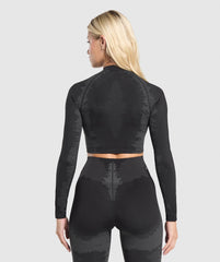 Caged Seamless Long Sleeve Crop Top - Black/Graphite Grey