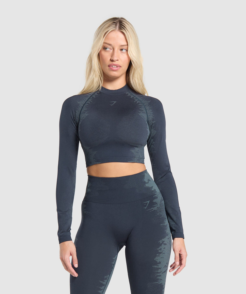 Caged Seamless Long Sleeve Crop Top - Heavy Blue/Iron Blue